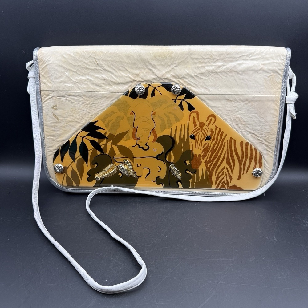 Vtg Animal Patricia Smith Designs Moon Bag Hand-Painted Lacquer Multicolor Purse